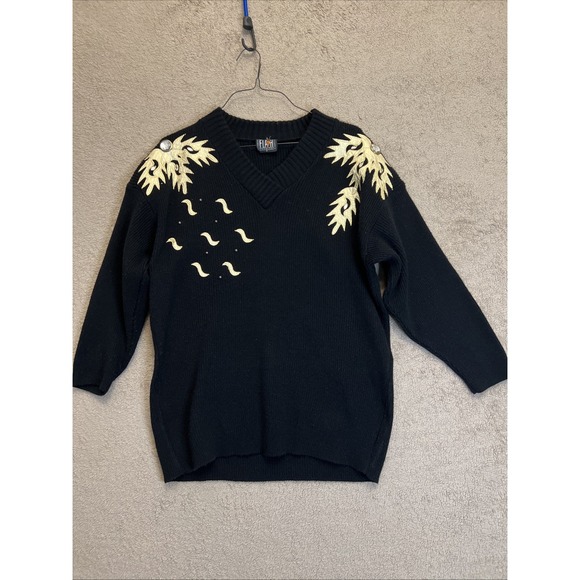 Flashback Sweaters - Vintage 80s Black Sweater With Gold Flame Details M/L Women's